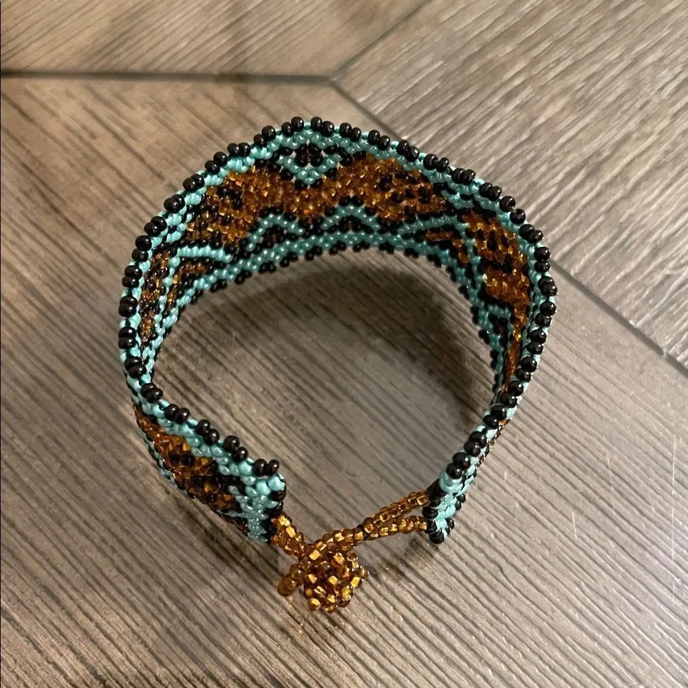 Miyuki Boho Beaded Bracelet – Turquoise & Amber Geometric Pattern Peyote Stitch